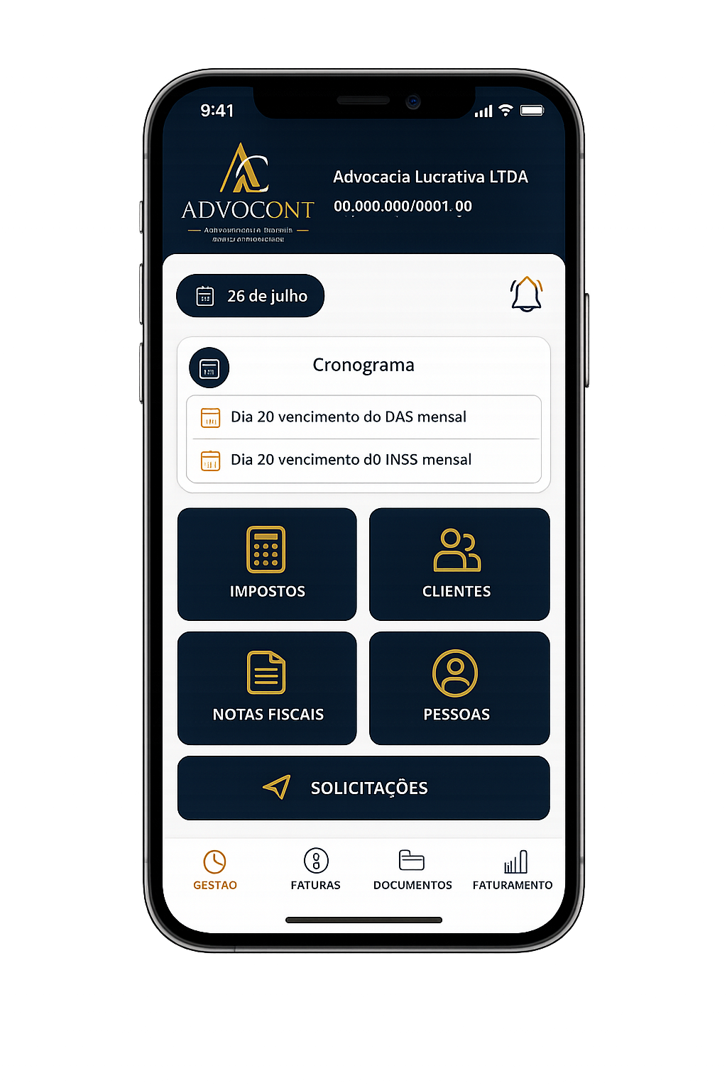 Aplicativo Advocont aberto no smartphone, mostrando cronograma de obrigações e atalhos para impostos, clientes, notas fiscais e pessoas